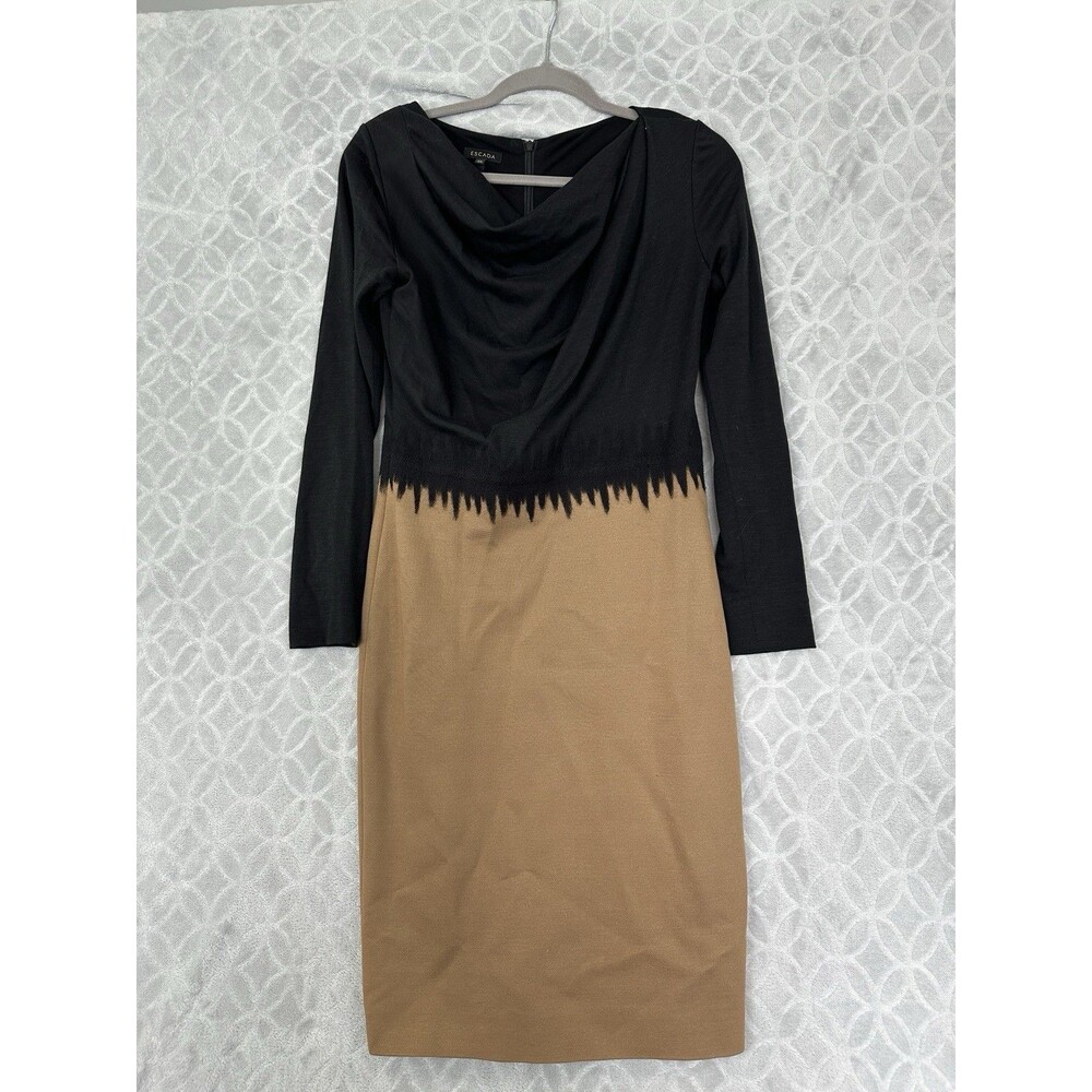 Escada Knit Dress 36 Small Black Tan Colorblock Wool Silk Cowl Classy Timeless